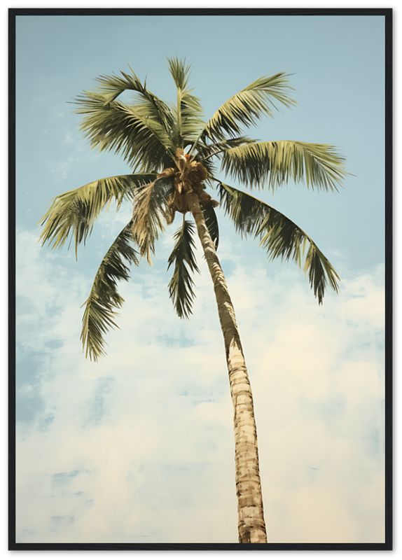A lone palm tree against a clear sky.