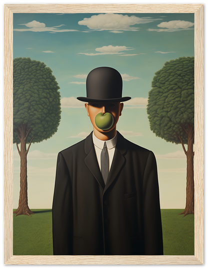 A painting of a man in a suit with an apple covering his face.