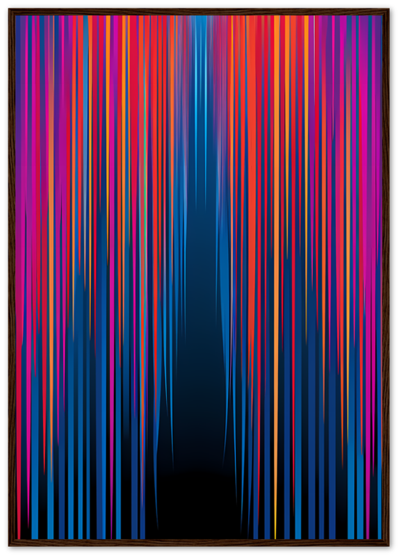 Abstract artwork with colorful vertical streaks in a wooden frame.