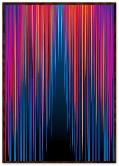 Abstract artwork with colorful vertical streaks in a wooden frame.