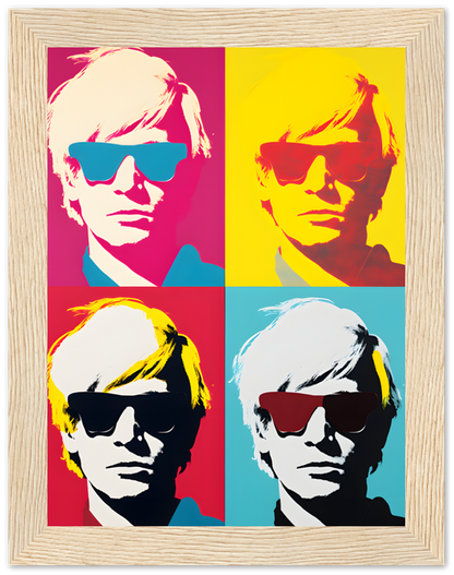 Pop art style quad portrait with vibrant color blocks, resembling Andy Warhol's work.