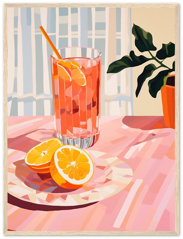 Illustration of a glass of orange juice with sliced oranges on a plate, next to a potted plant.