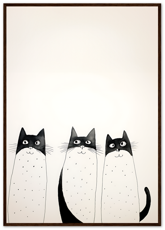 Three cartoon cats with black and white fur standing side by side inside a wooden frame.