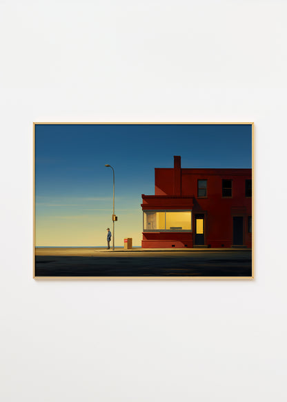 A painting of a solitary figure standing near a red building at dusk.