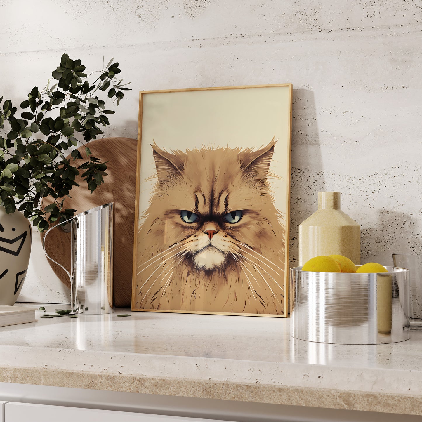A framed painting of an angry cat on a kitchen counter beside decorative items.