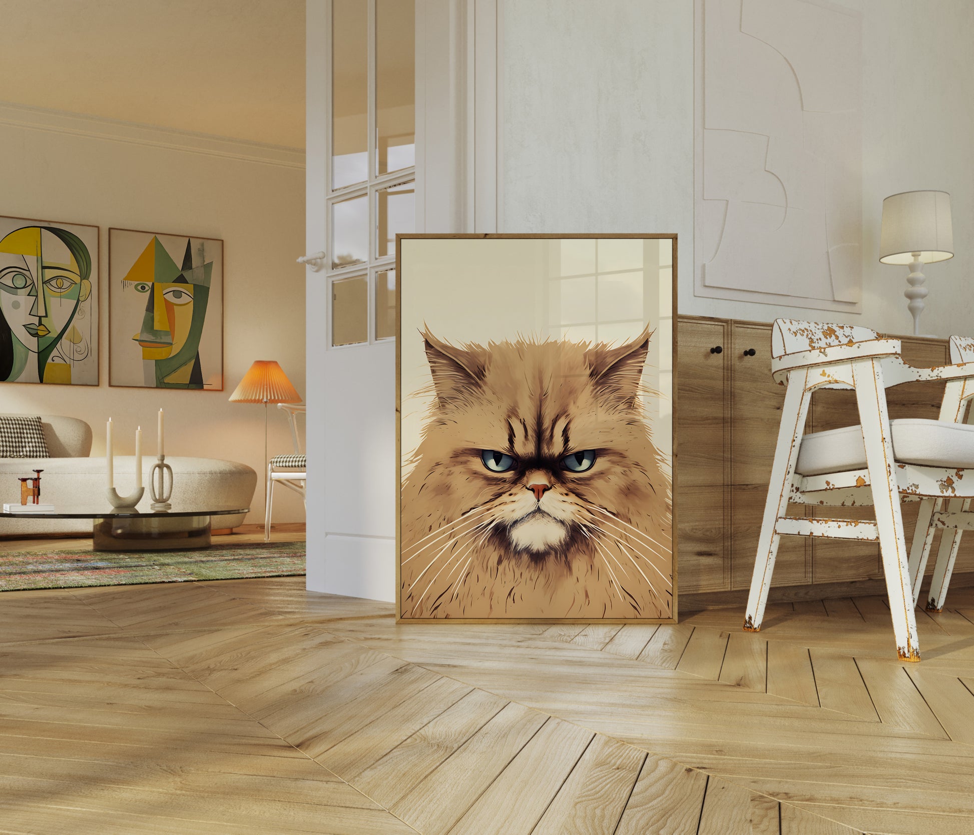 Artwork of a grumpy cat on a canvas in a stylish living room.