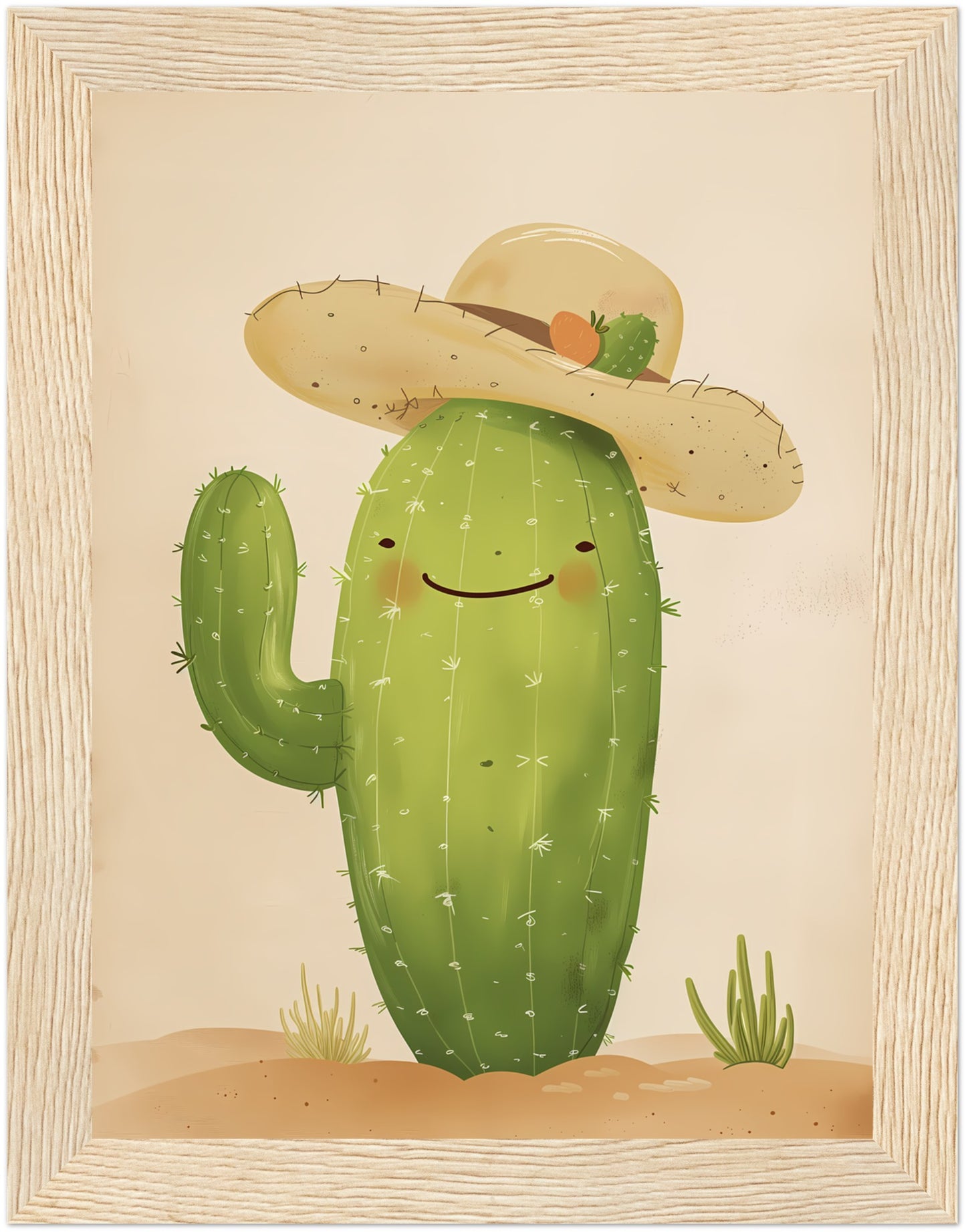 Illustration of a smiling cactus with a hat framed on a wall.