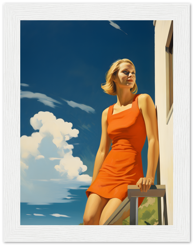 Woman in an orange dress leaning on a railing, with a blue sky and clouds in the background.