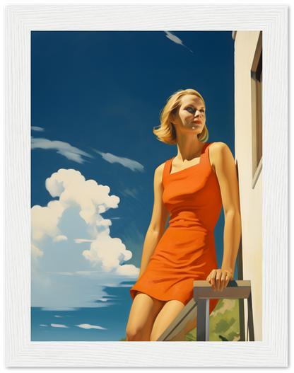 Woman in an orange dress leaning on a railing, with a blue sky and clouds in the background.