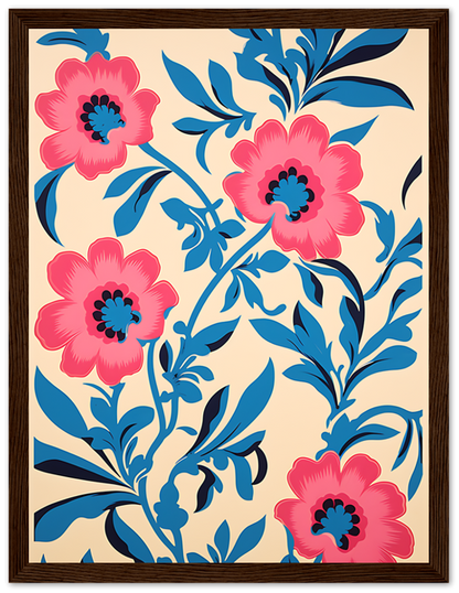 A framed floral pattern with large pink flowers and blue leaves on a beige background.