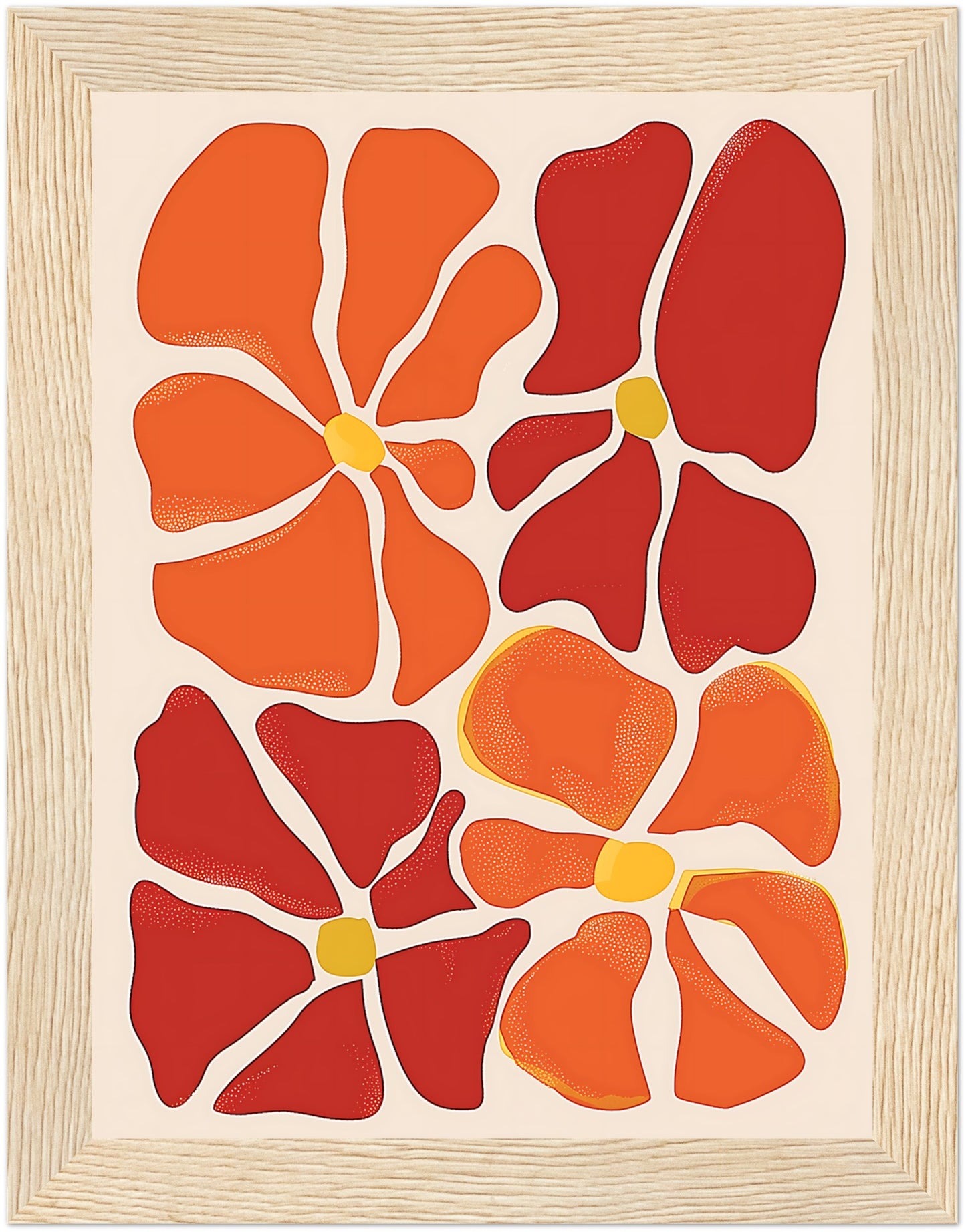 Abstract artwork with a pattern of red and orange flower-like shapes on a light background, framed.