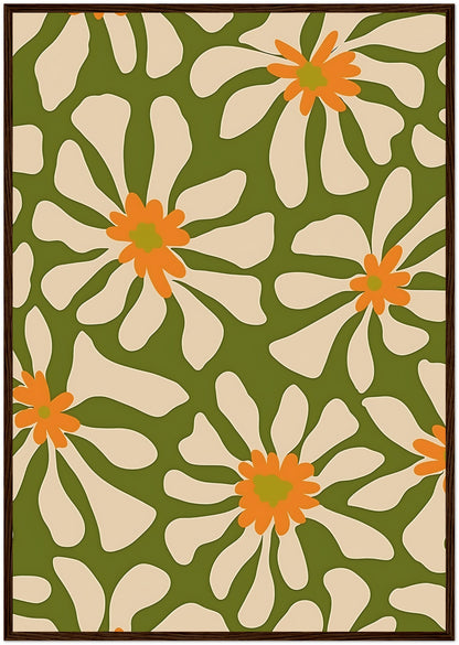 A floral pattern with white flowers and orange centers on a green background, framed with brown border.