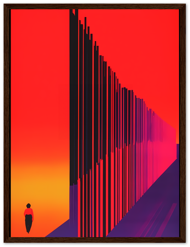 Digital artwork of a silhouette against a vibrant orange and red gradient background with abstract lines.