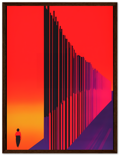 Digital artwork of a silhouette against a vibrant orange and red gradient background with abstract lines.