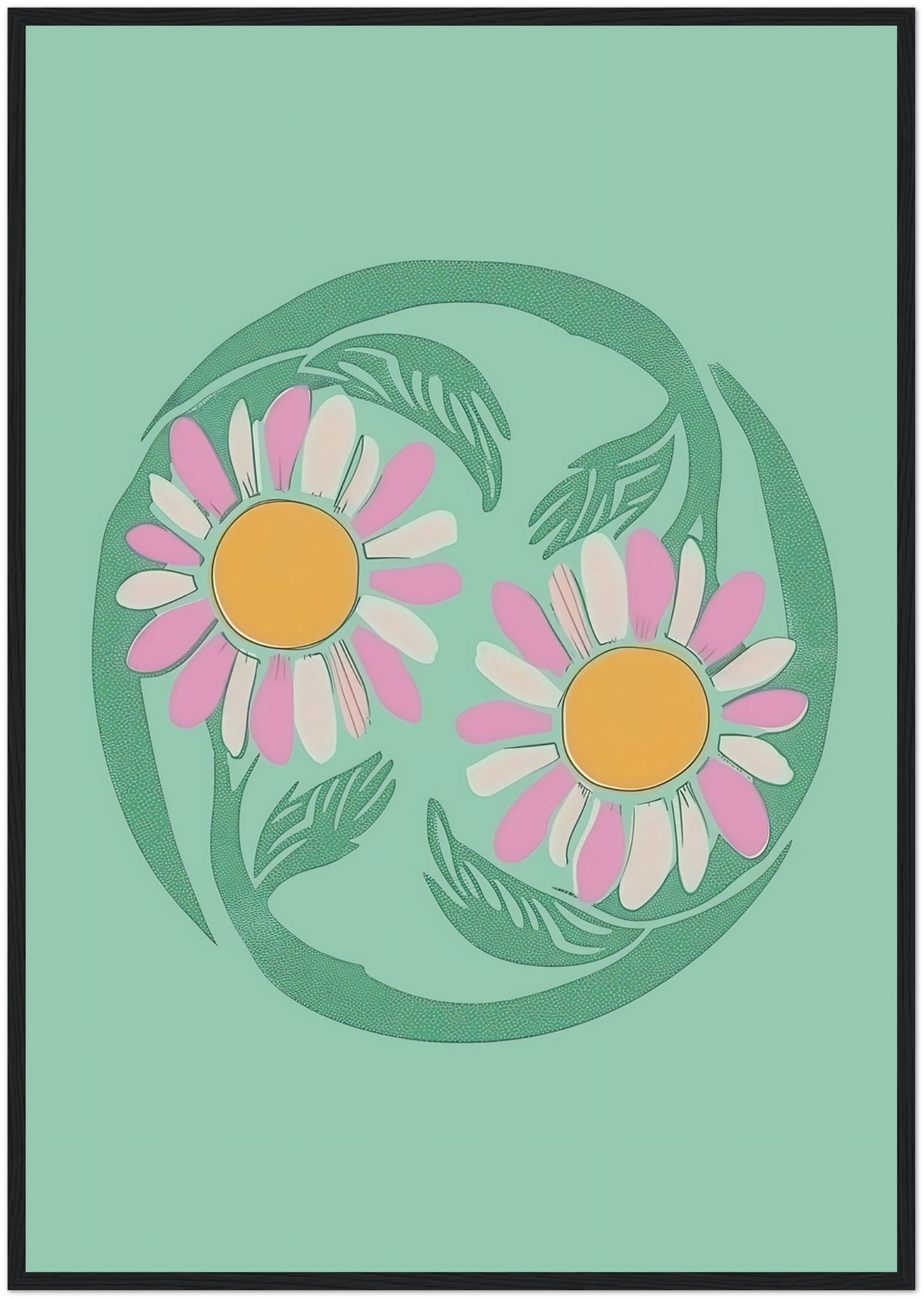 Stylized illustration of two daisies encircled by a green vine on a teal background with a brown frame.