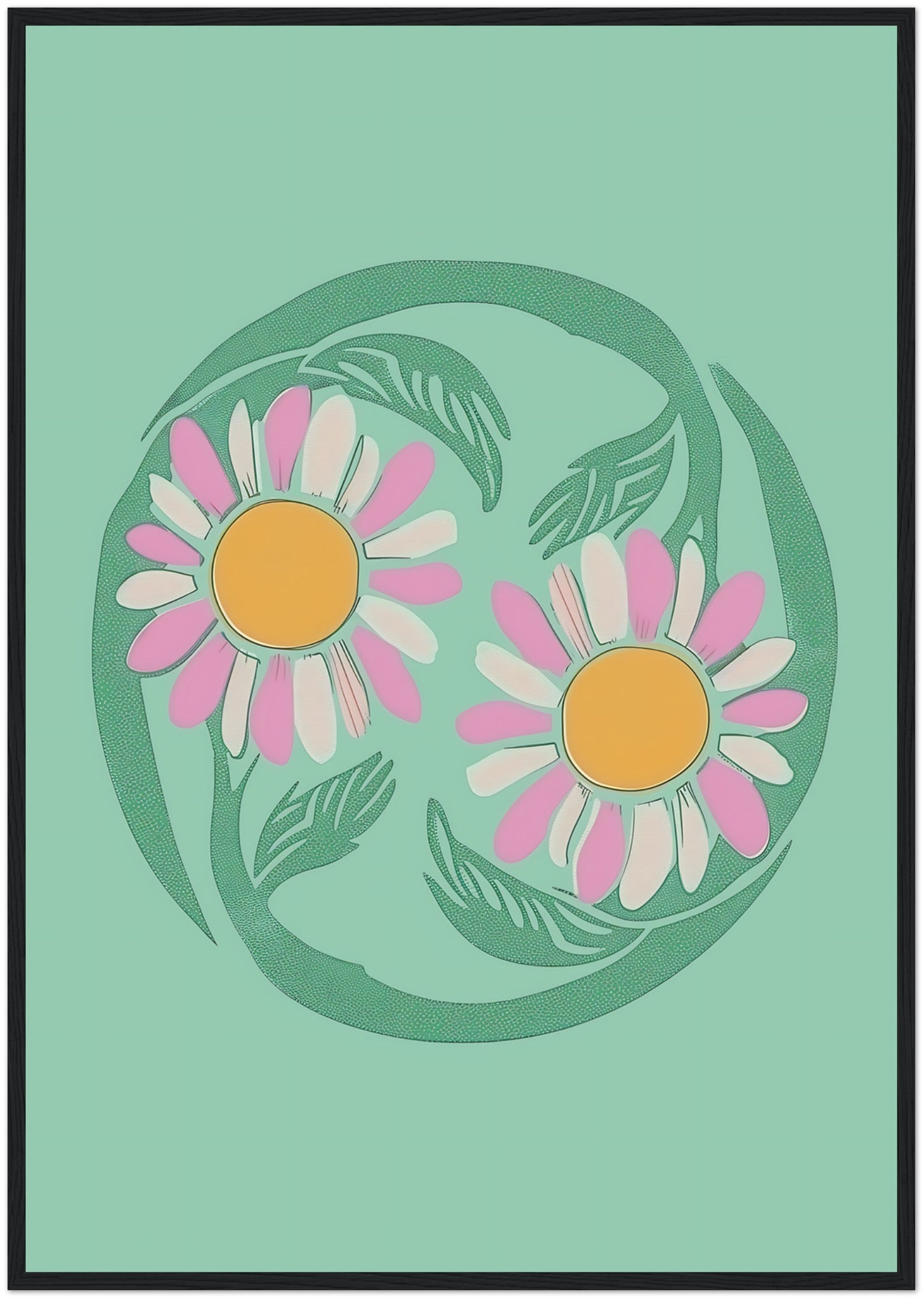 Stylized illustration of two daisies encircled by a green vine on a teal background with a brown frame.