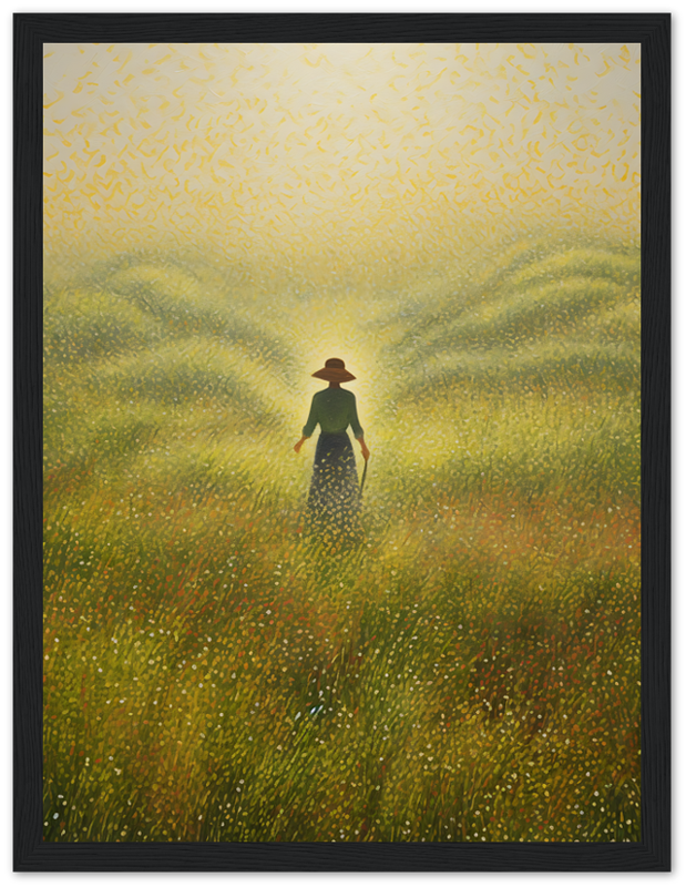 A painting of a person standing in a golden field with tall grass, framed with a dark wood border.