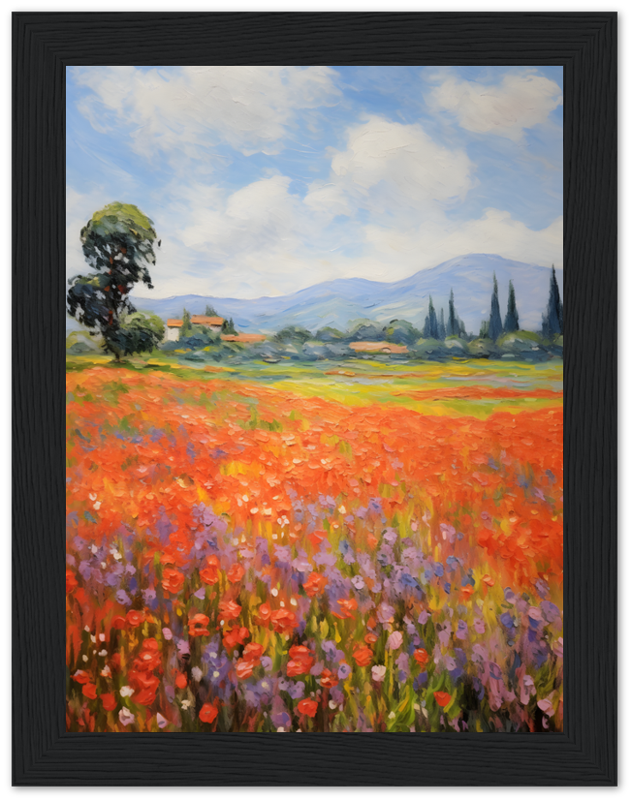 A vibrant painting of a blooming field with flowers and a blue sky, framed in black.