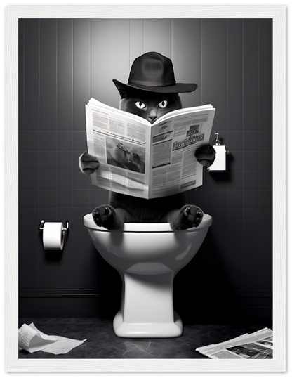 A cat in a fedora reading a newspaper while sitting on a toilet.