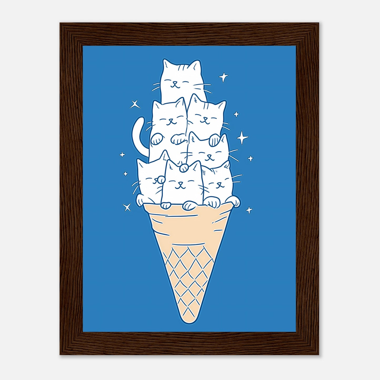 Illustration of a stack of cats in an ice cream cone frame.