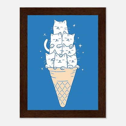 Illustration of a stack of cats in an ice cream cone frame.