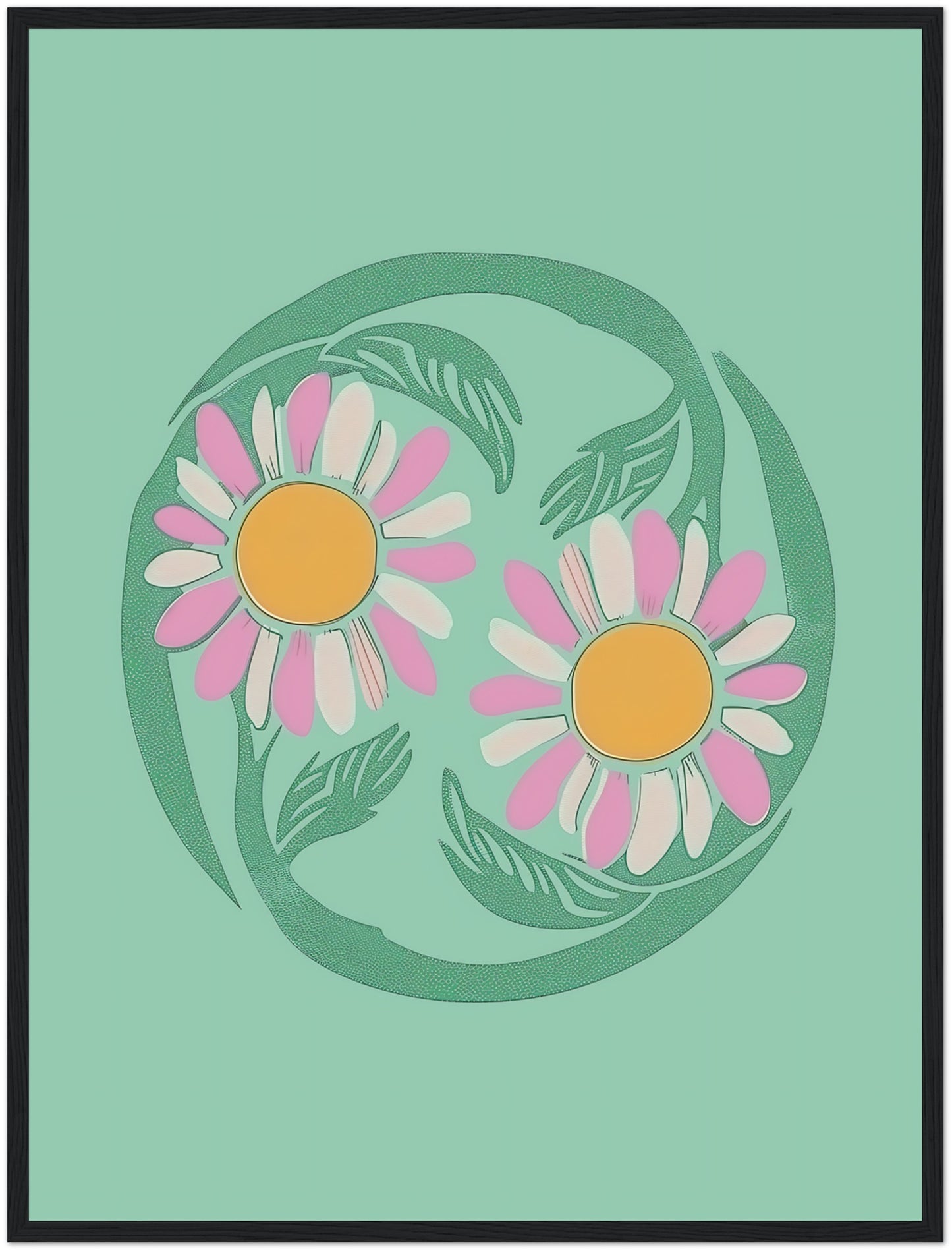 Stylized illustration of two daisies encircled by a green vine on a teal background with a brown frame.