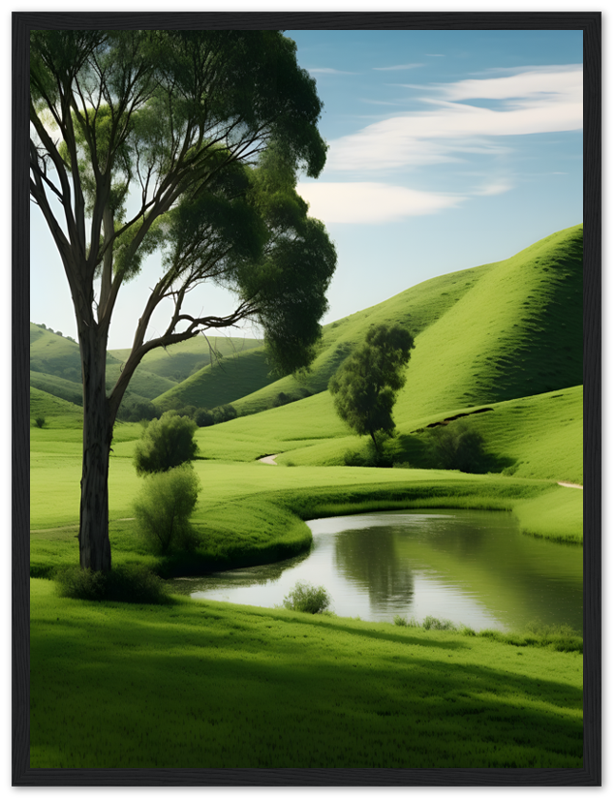 Idyllic landscape with lush green hills, a tree, and a reflective pond.