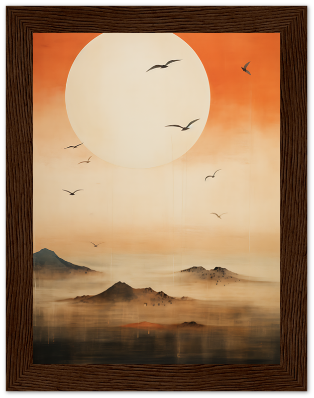 A painting of birds flying over misty mountains with a large sun in a wooden frame.