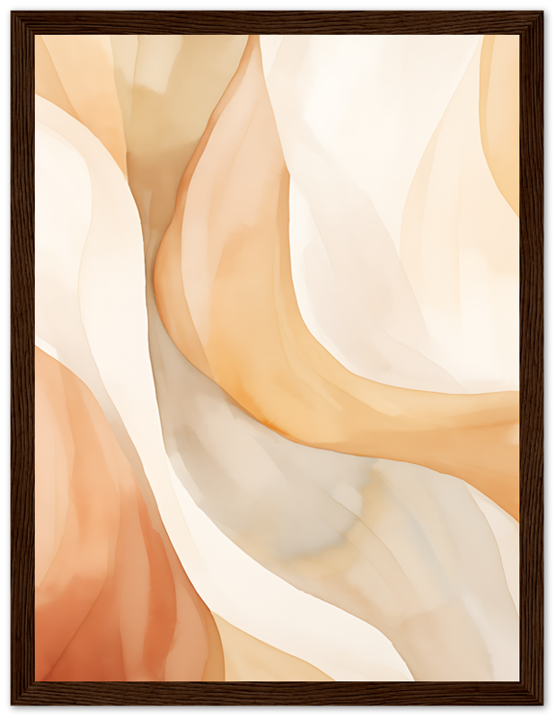 Abstract wavy art in warm tones framed in dark wood.