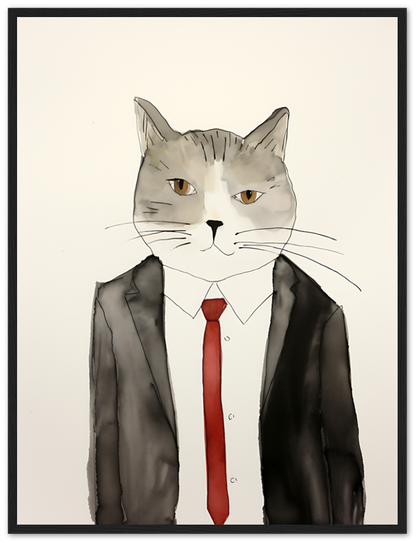 Illustration of a cat with a human body dressed in a suit and red tie.