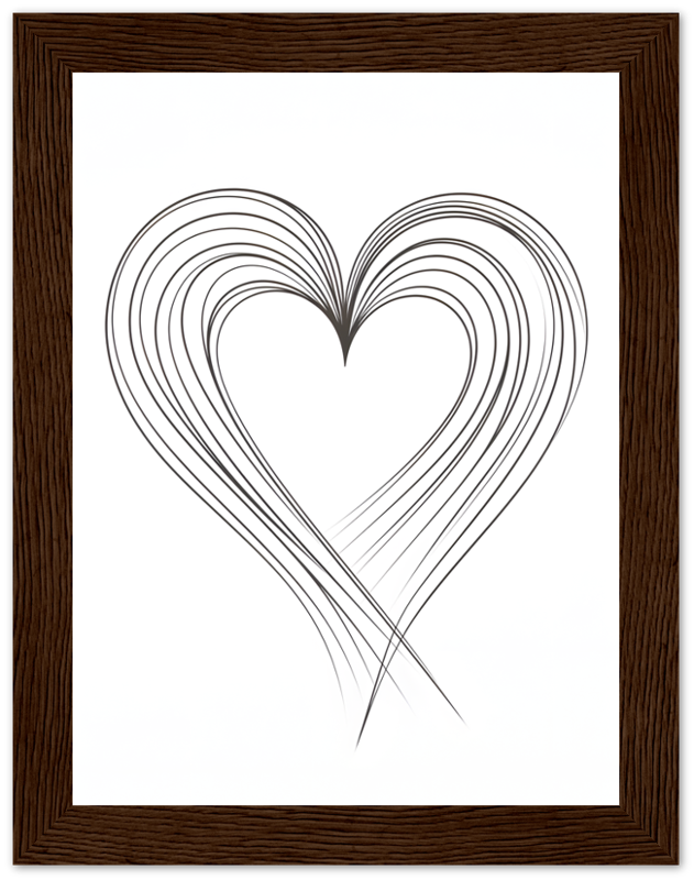 A framed art piece with a heart made from black lines on a white background.