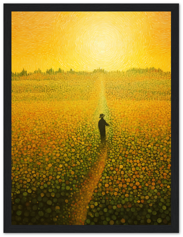 Painting of a person walking on a path through a field of flowers under a swirling yellow sky.