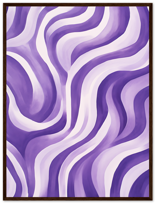 A framed abstract painting with purple and white wavy patterns.