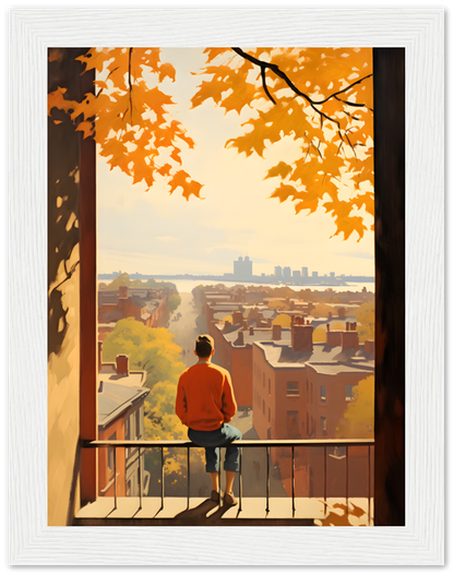 Painting of a person on a balcony observing an autumn cityscape with orange leaves.