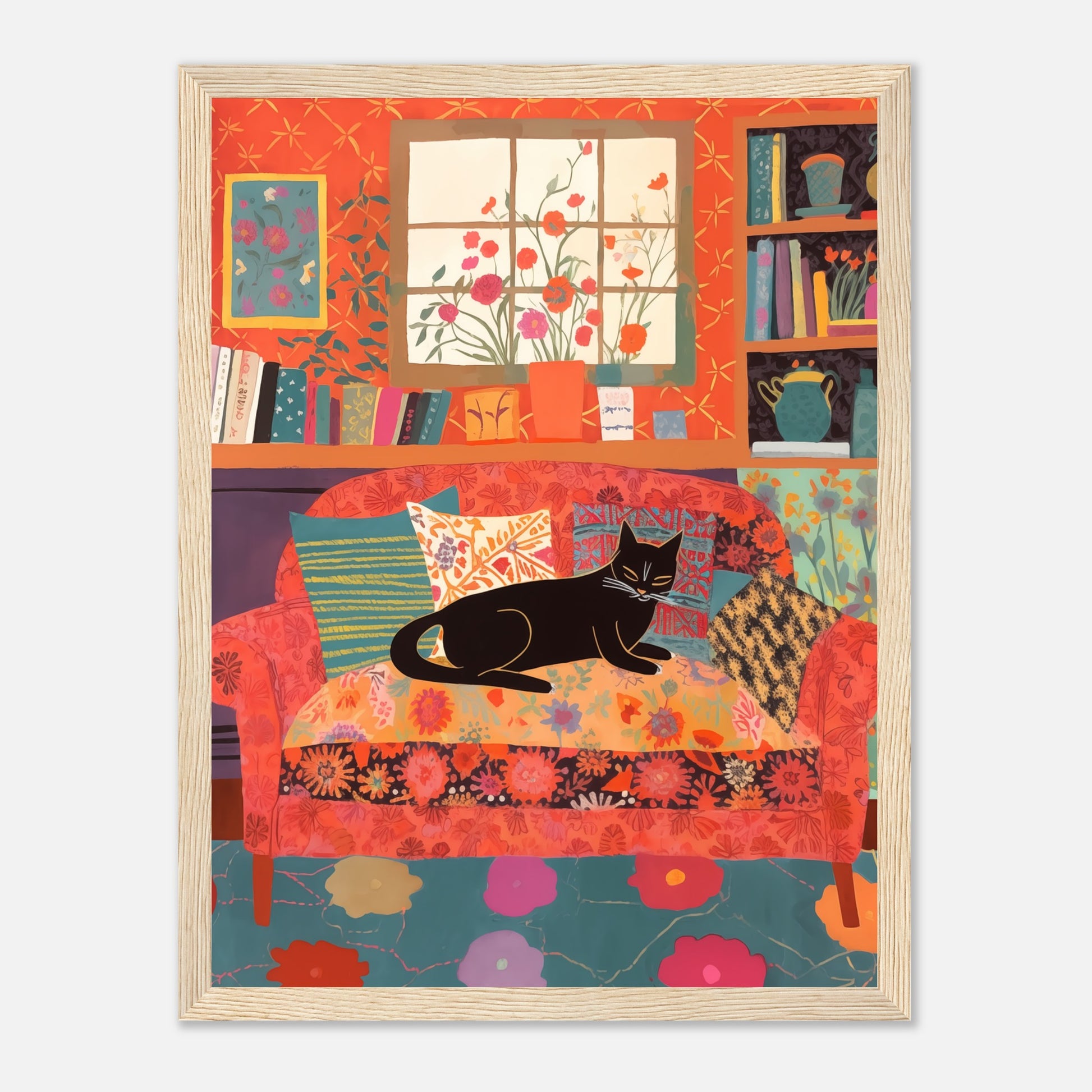 Illustration of a black cat resting on a colorful sofa with decorative pillows and framed artwork on the wall.