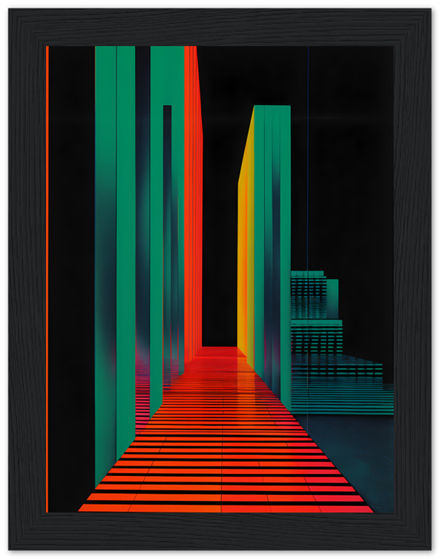 Abstract colorful geometric art of a path leading to buildings with a black background.