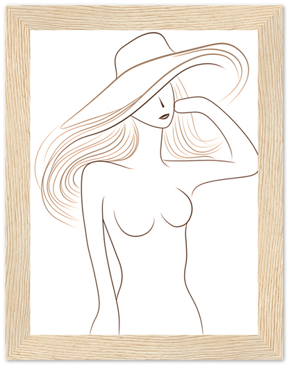 Stylized line art of a woman in a hat within a wooden frame.