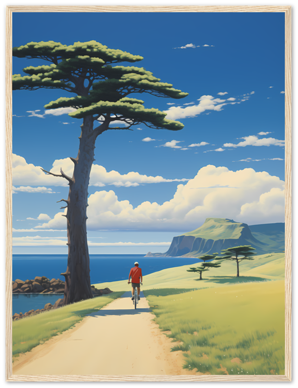 A painting of a person walking towards the sea on a path with a single tree and cliffs in the distance.