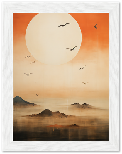 Artistic depiction of a large sun, birds flying, and mountains in a red-orange gradient.