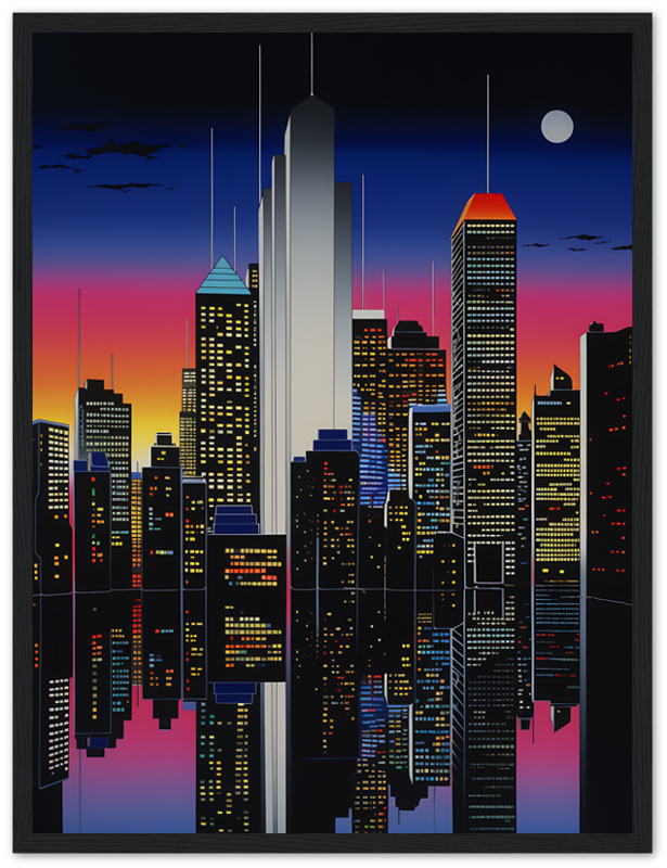 A stylized cityscape at night with skyscrapers and a full moon, framed by a wooden frame.