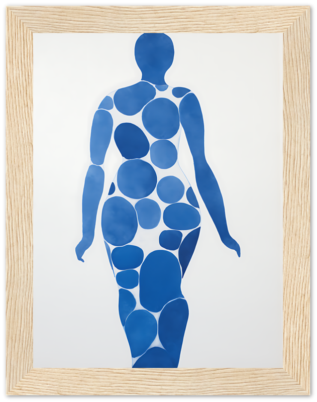 Artwork of a human silhouette composed of blue circles in a wooden frame.