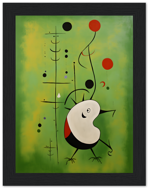 Abstract painting with biomorphic shapes and lines on a green and yellow background in a black frame.