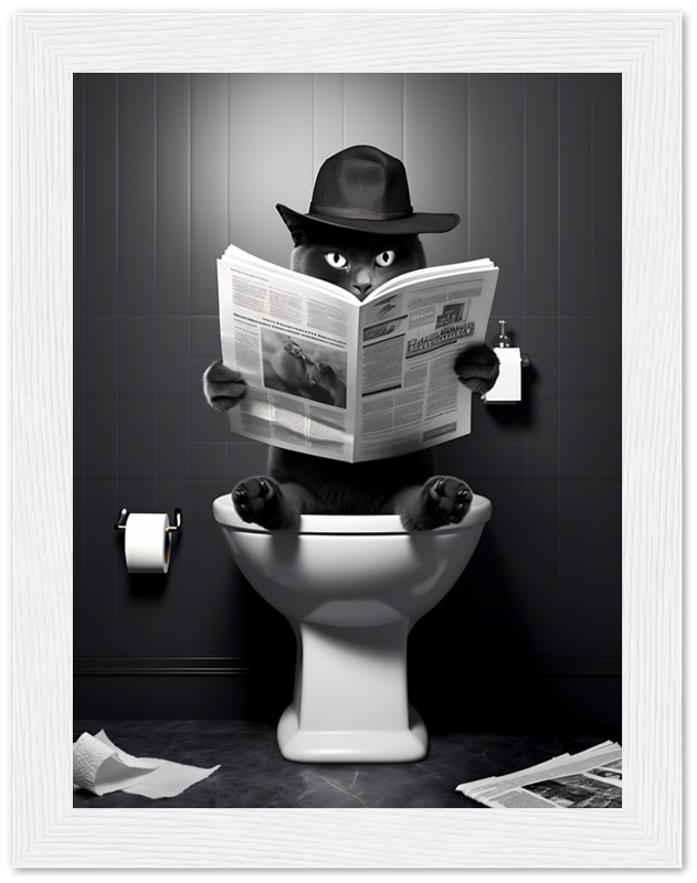 An anthropomorphic cat wearing a hat, reading a newspaper while sitting on a toilet.