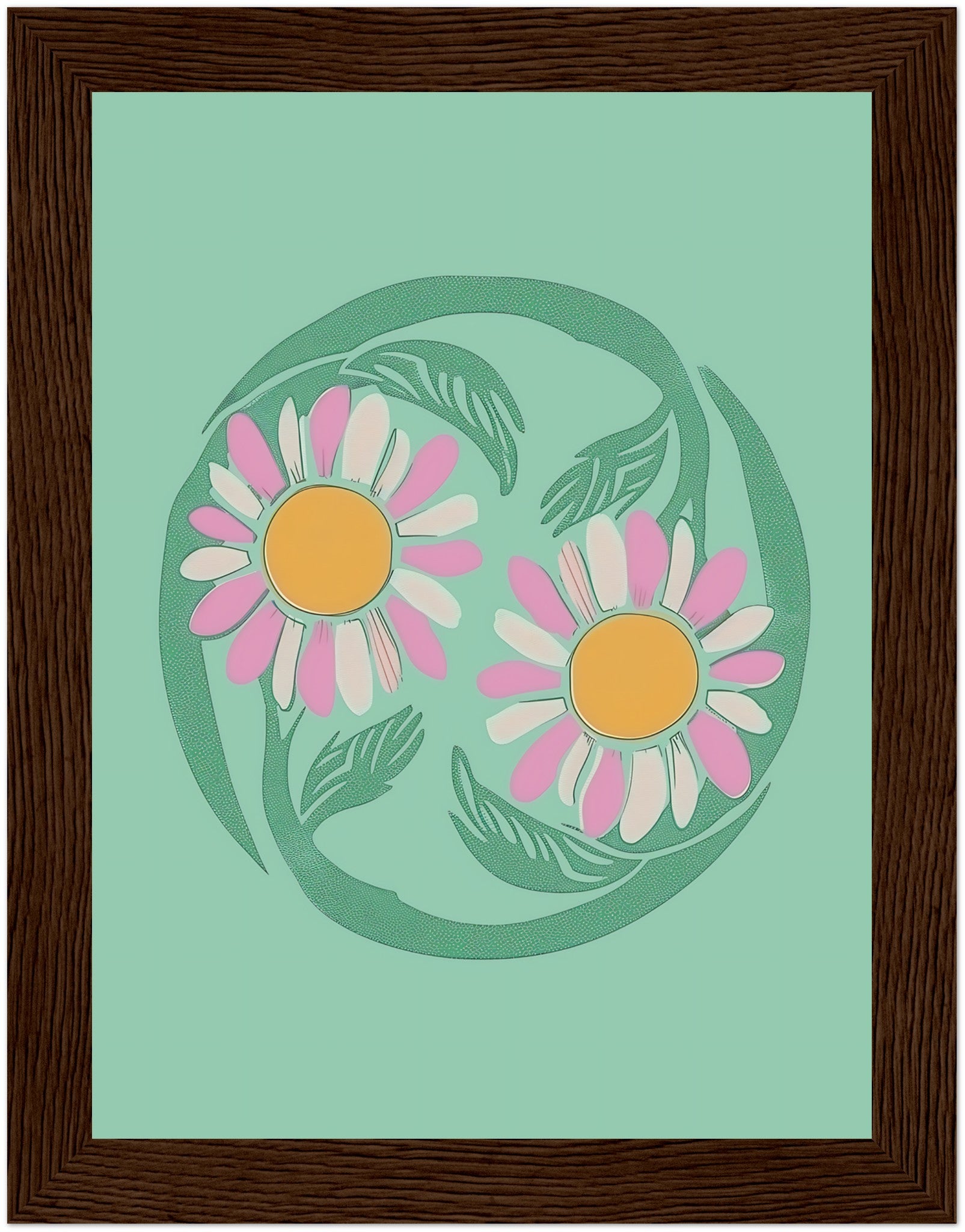 Stylized illustration of two daisies encircled by a green vine on a teal background with a brown frame.