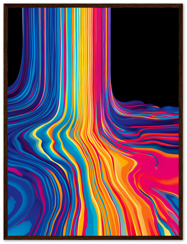 A framed abstract artwork with flowing multicolored lines on a black background.