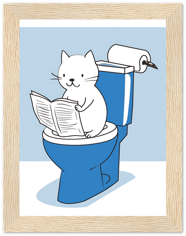 A cartoon cat reading a newspaper while sitting on a toilet.