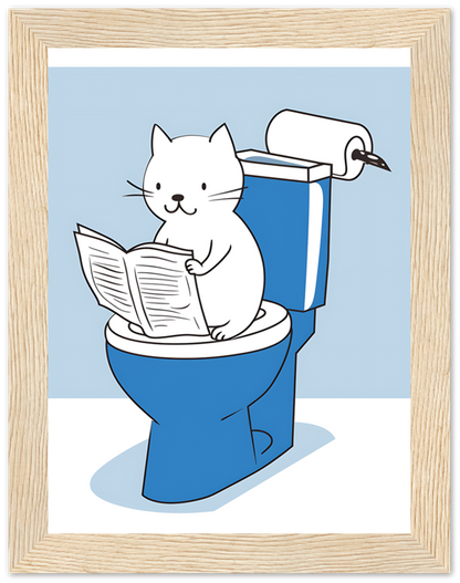 A cartoon cat reading a newspaper while sitting on a toilet.