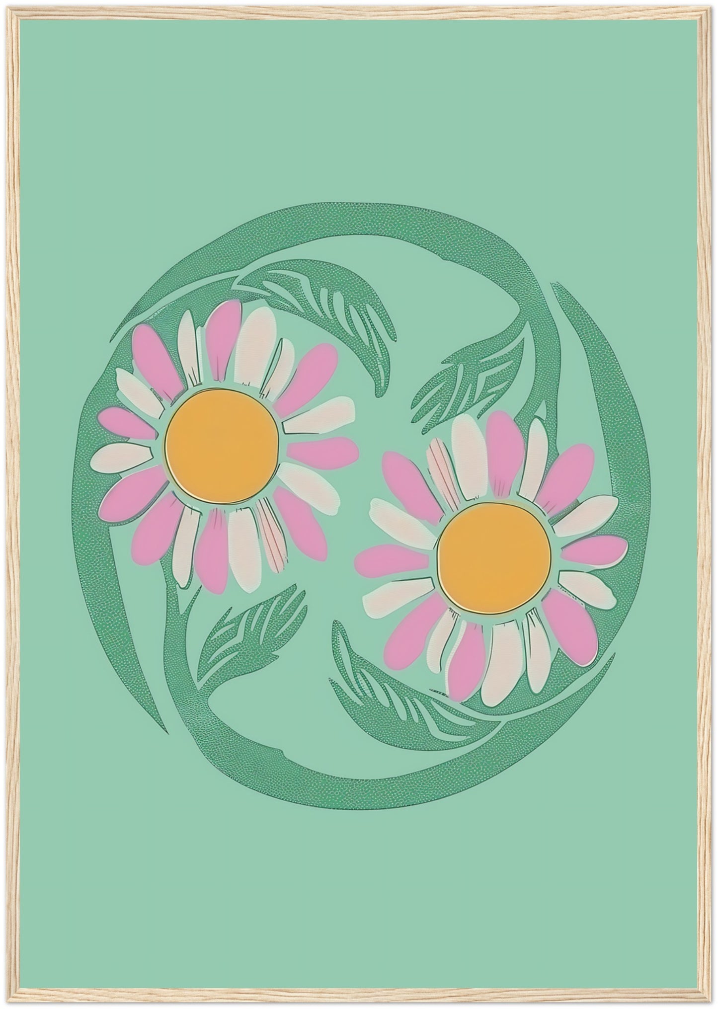 Stylized illustration of two daisies encircled by a green vine on a teal background with a brown frame.