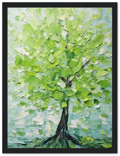 Impasto painting of a vibrant green tree in a dark wooden frame.