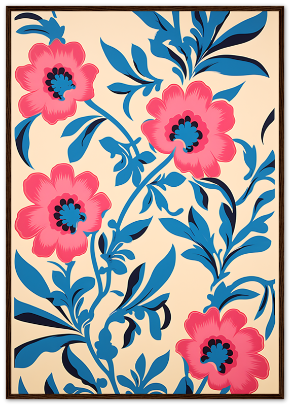 Illustration of stylized pink flowers with blue leaves on a beige background.